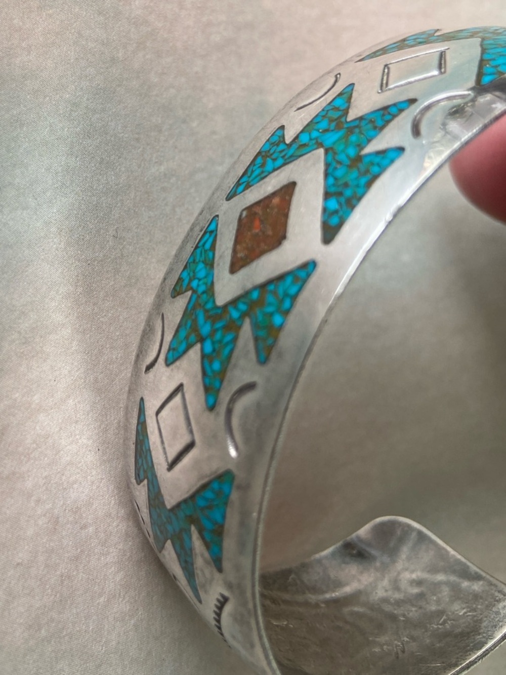 Turquoise and Corral Inlay Sterling Silver Cuff Bracelet, Native American - Picture 4 of 12